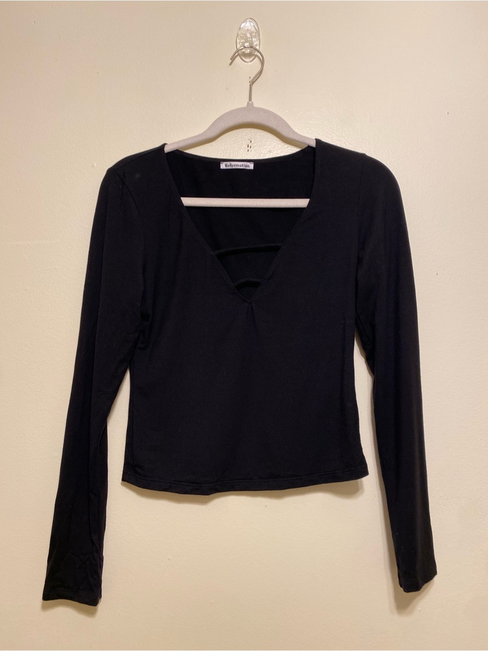 Reformation Black V-Neck Long Sleeve Top with Front Strap Detail. Size S